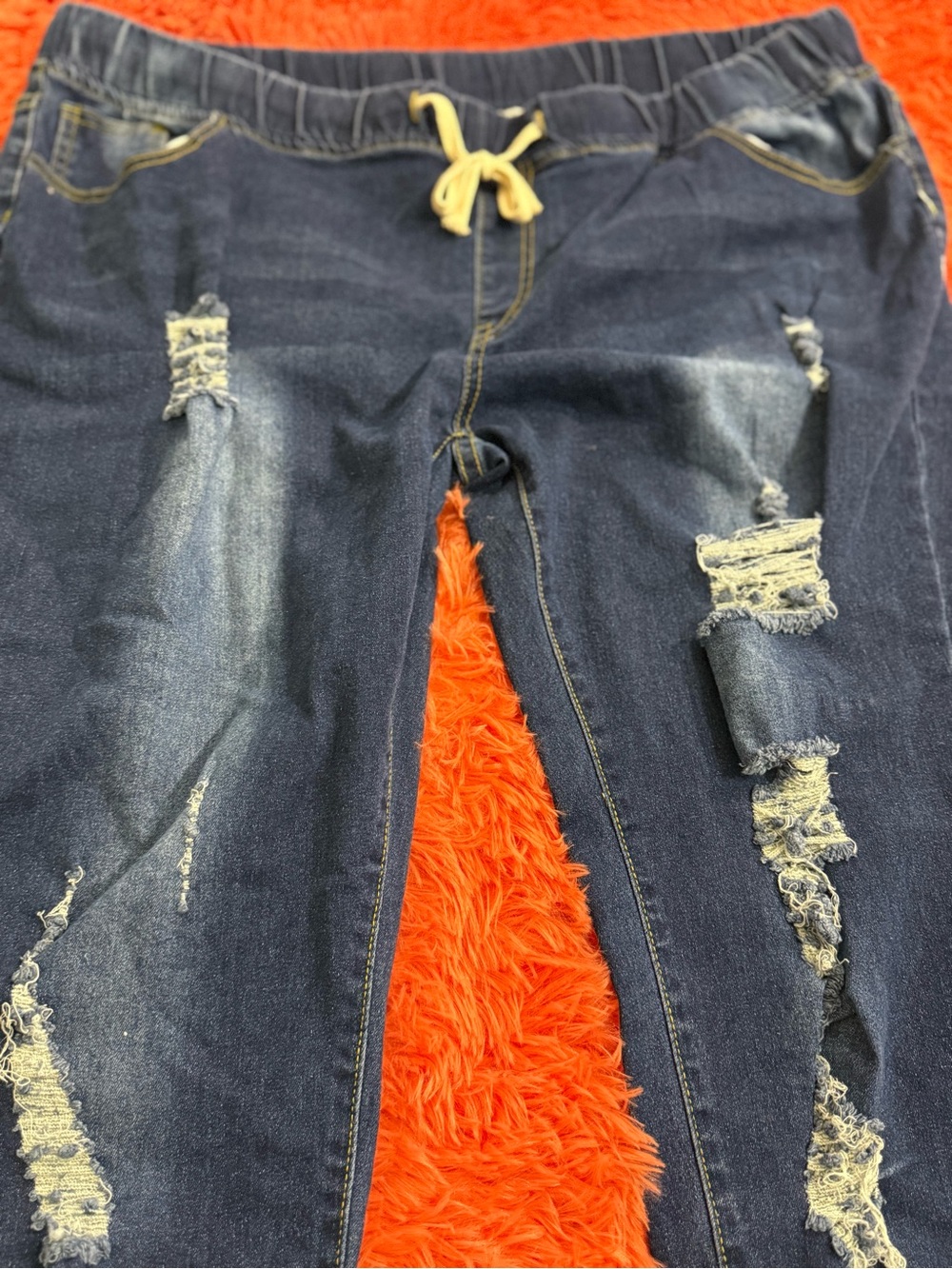 Boyfriend Distressed Dark Blue Denim Jeans with Drawstring Waist